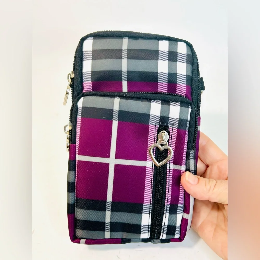 NEW Lightweight Small Nylon Crossbody Cell Phone Travel Pouch in Purple Stripes